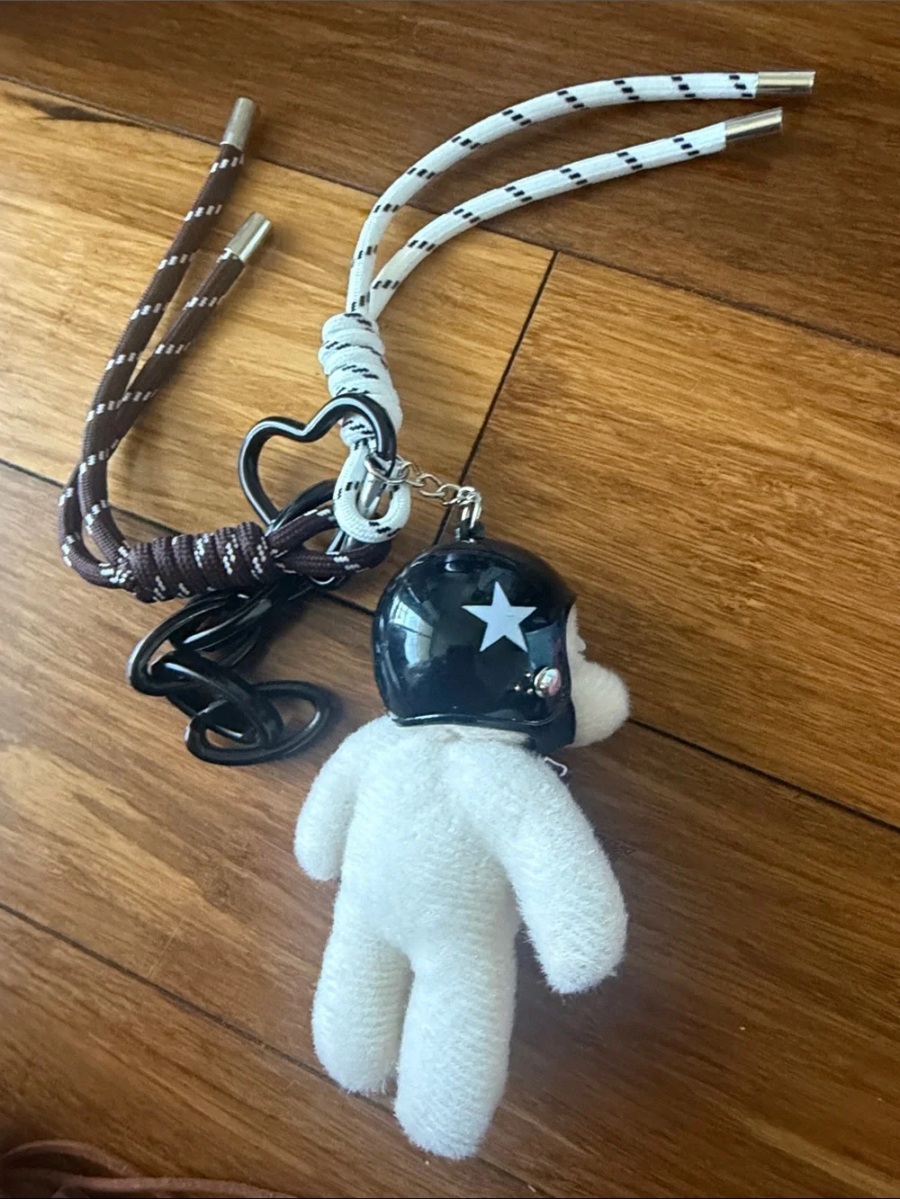Plush White Bear Keychain with Brown Ribbon and Strap